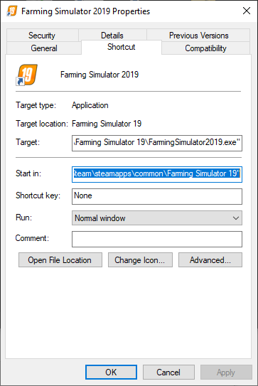 FS19 shortcut Properties dialog showing the Start in path